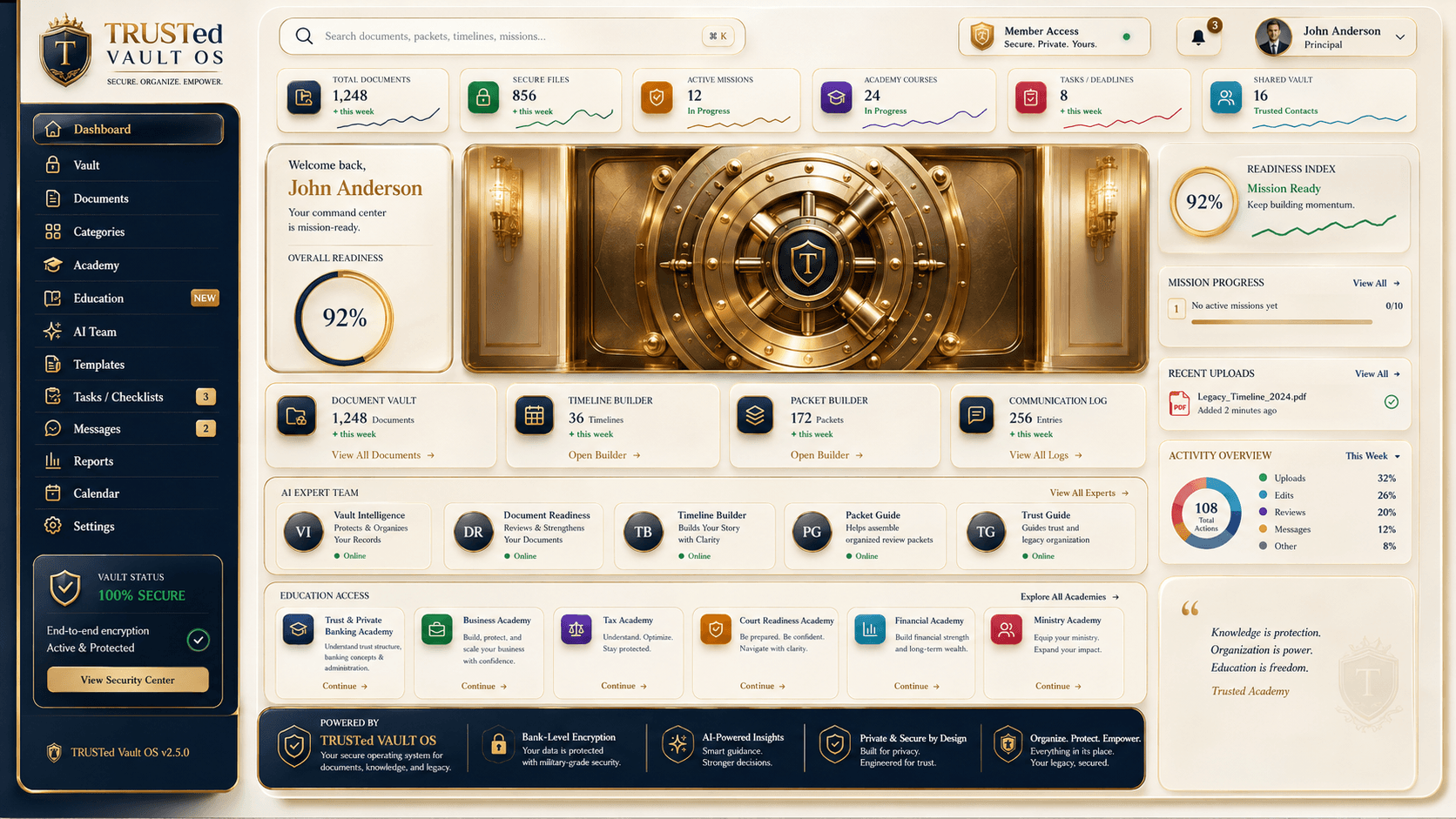 Gold TRUSTed Vault OS dashboard with a vault interface and member tools.